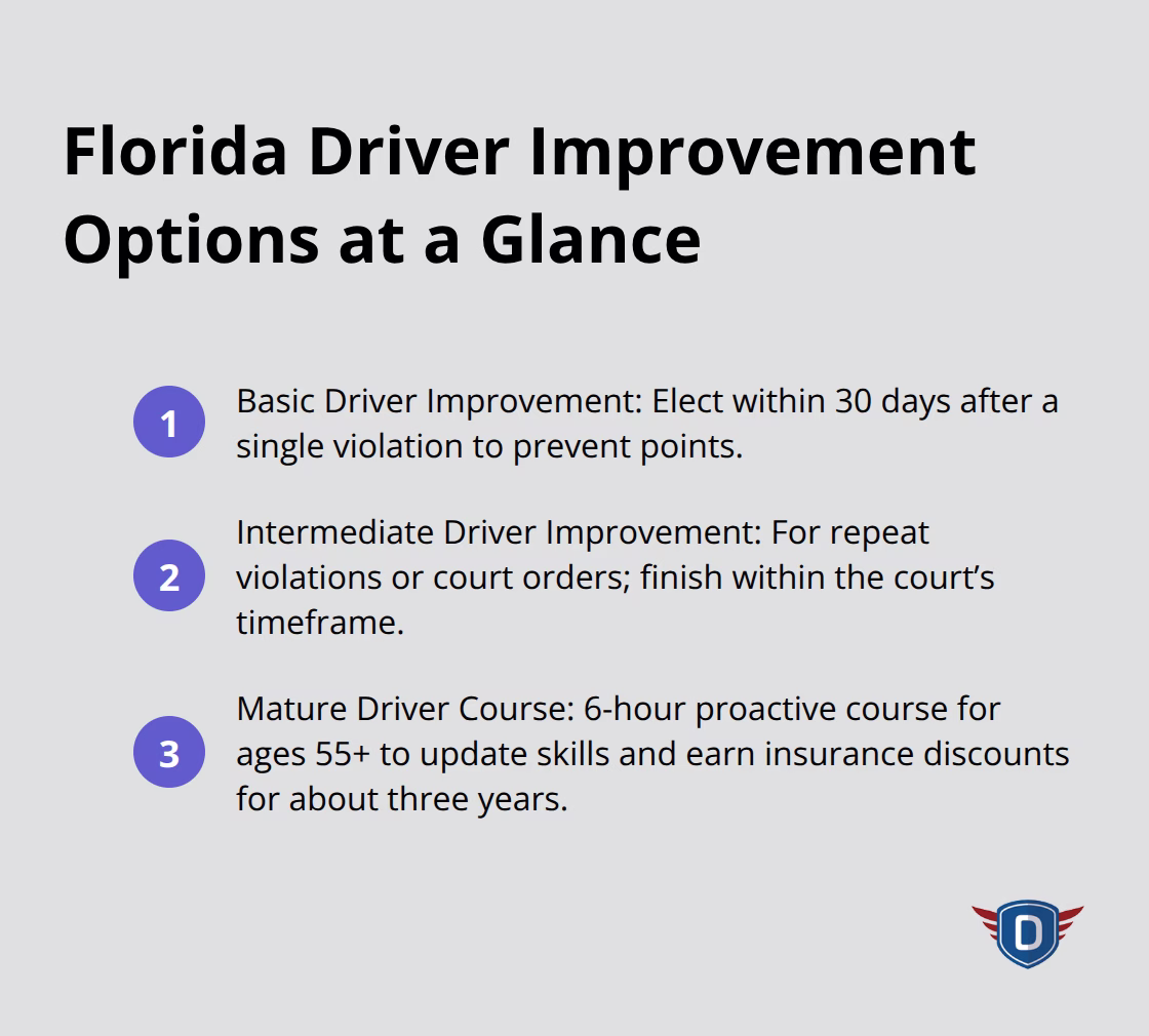 Compact comparison of Basic, Intermediate, and Mature driver courses in Florida - adult driver education Florida
