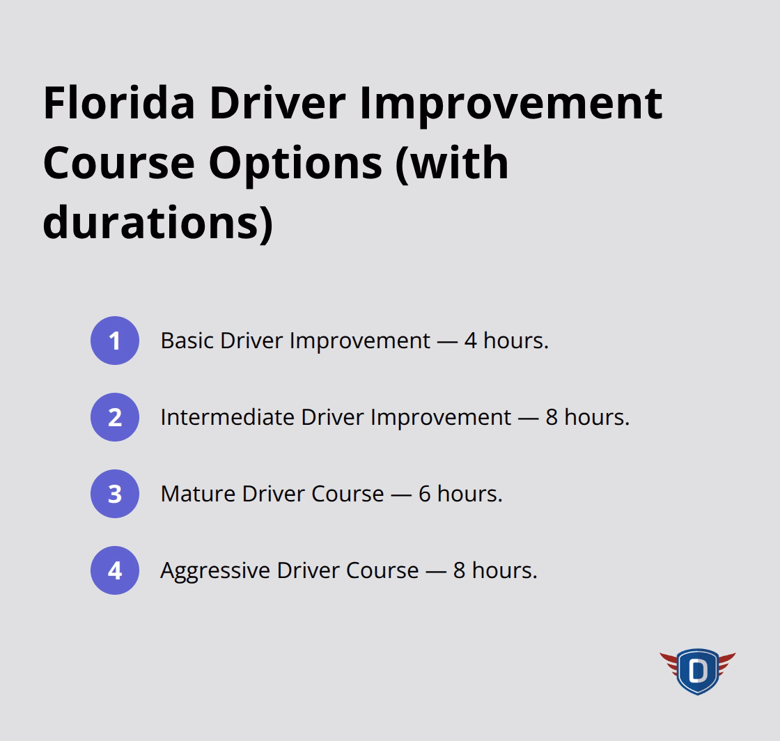 Compact list of Florida driver improvement course types and their durations. - adult driver education florida
