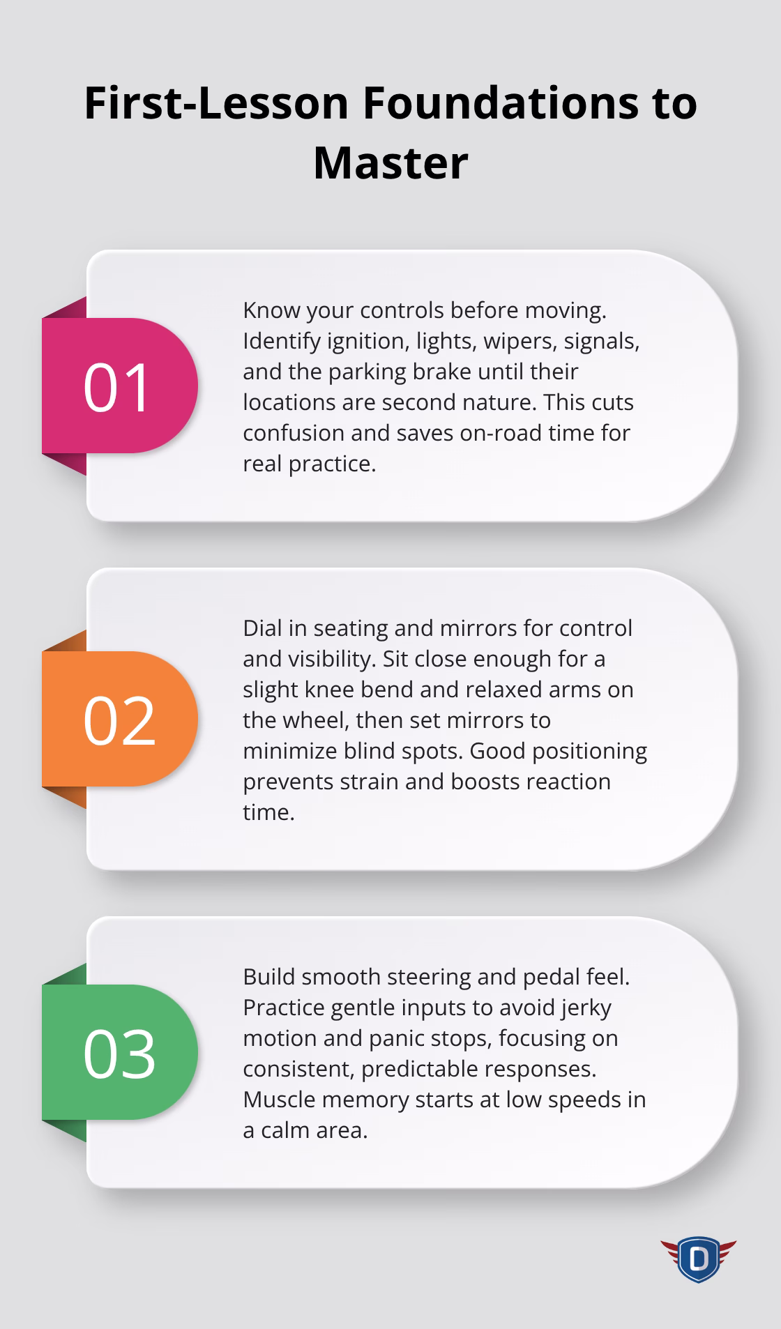 Three core foundations for your first driving lesson: controls, seating, and coordination.