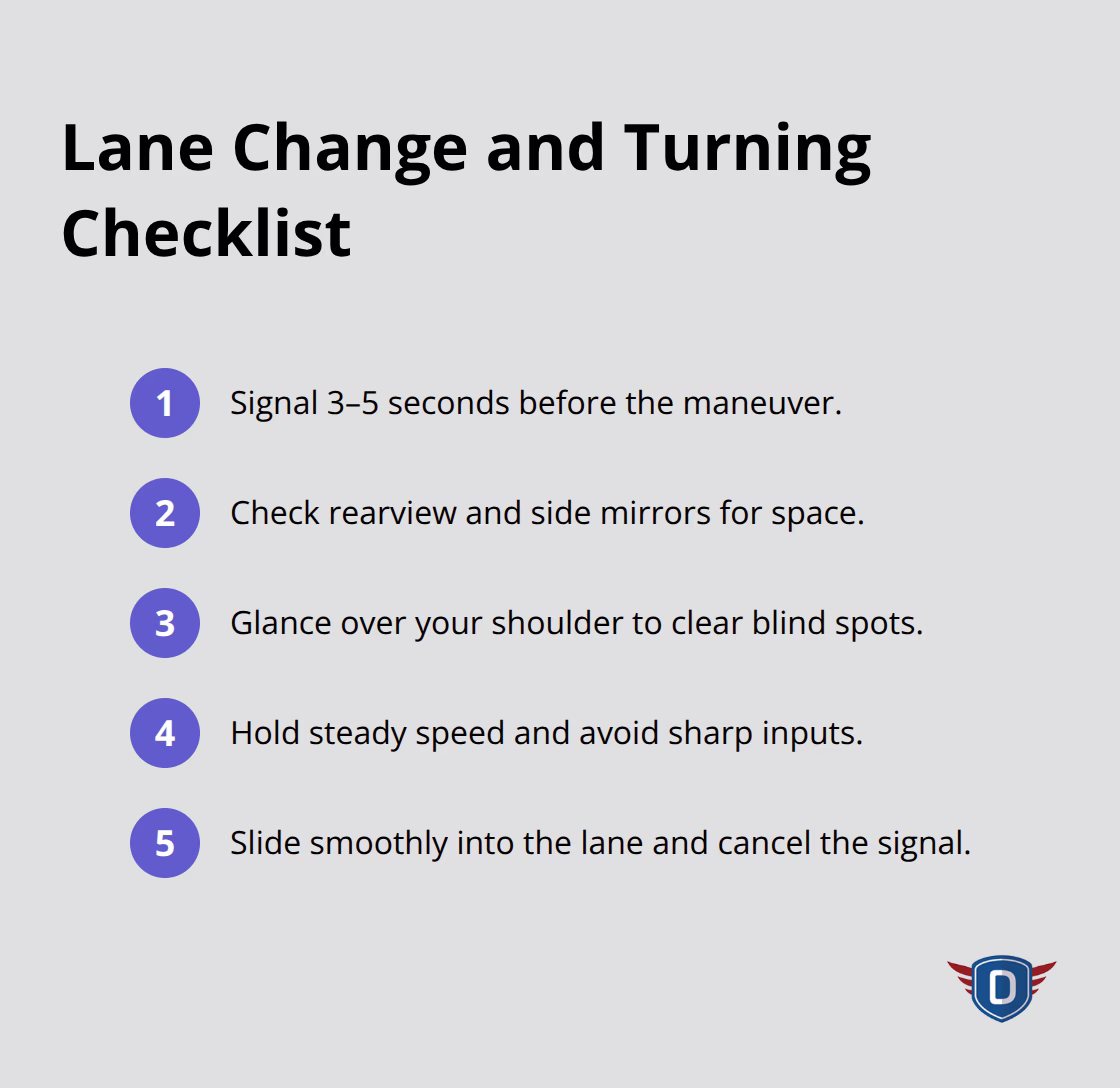 Compact checklist for safe lane changes and turns. - beginner driving lessons checklist