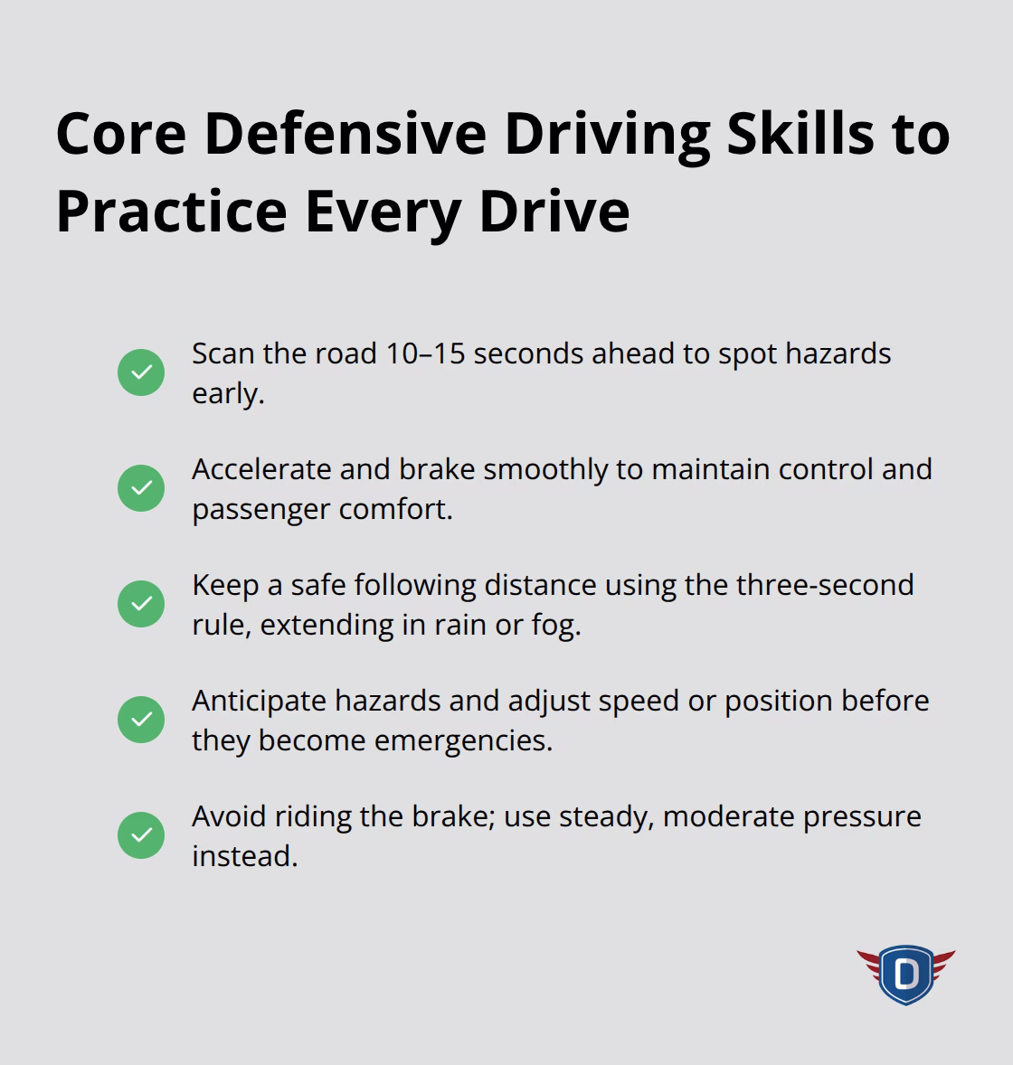 Checklist of key defensive driving habits for U.S. learners
