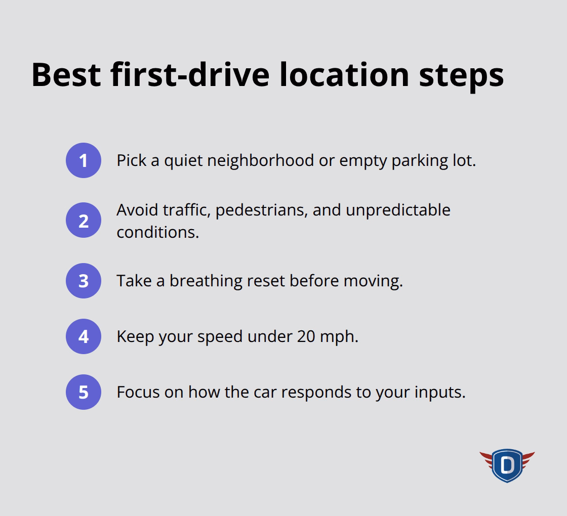 Compact list of steps to choose and use a low-stress first driving location.