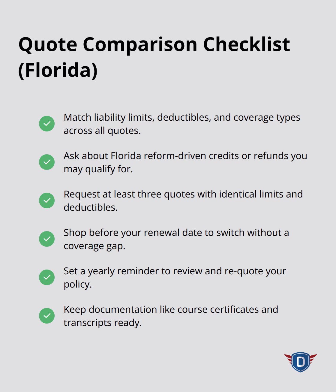 Checklist of key actions to compare Florida auto insurance quotes accurately.