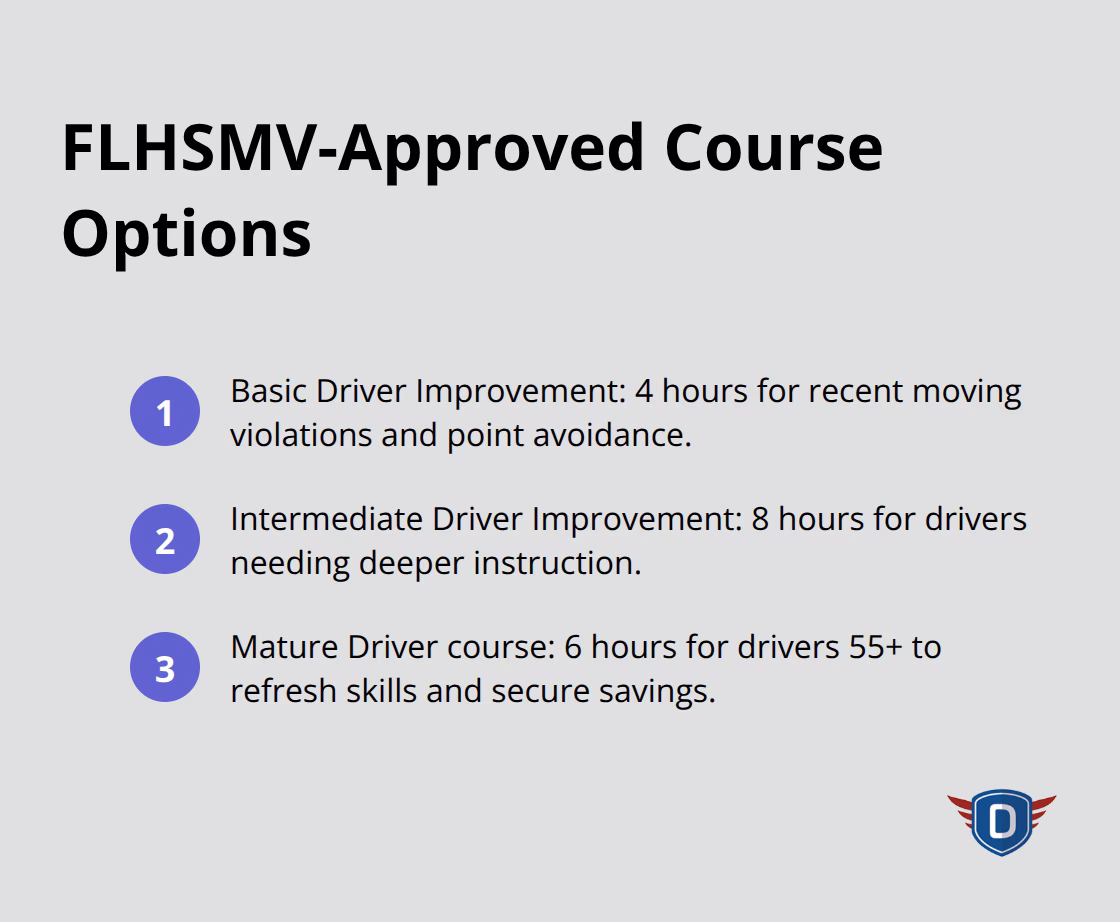 Compact list of Florida defensive driving course types and durations that qualify for discounts.