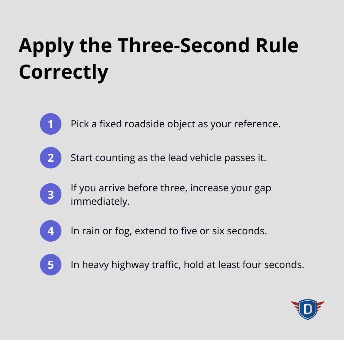 Compact checklist of steps to measure and adjust your following distance using the three-second rule. - defensive driving techniques