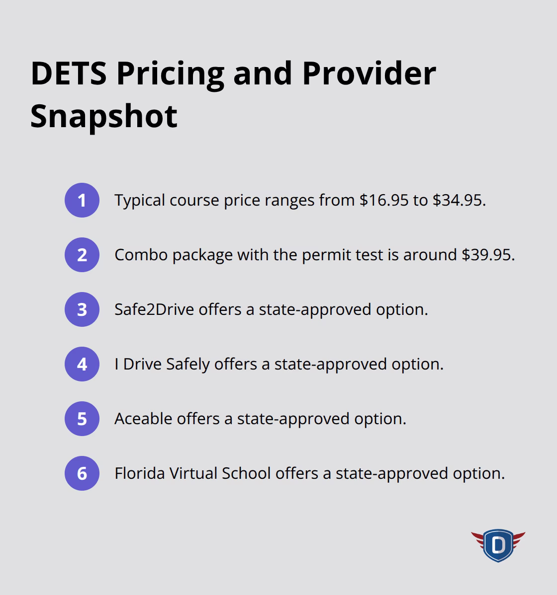 Compact list highlighting DETS pricing and approved providers in Florida - DETS course Florida overview