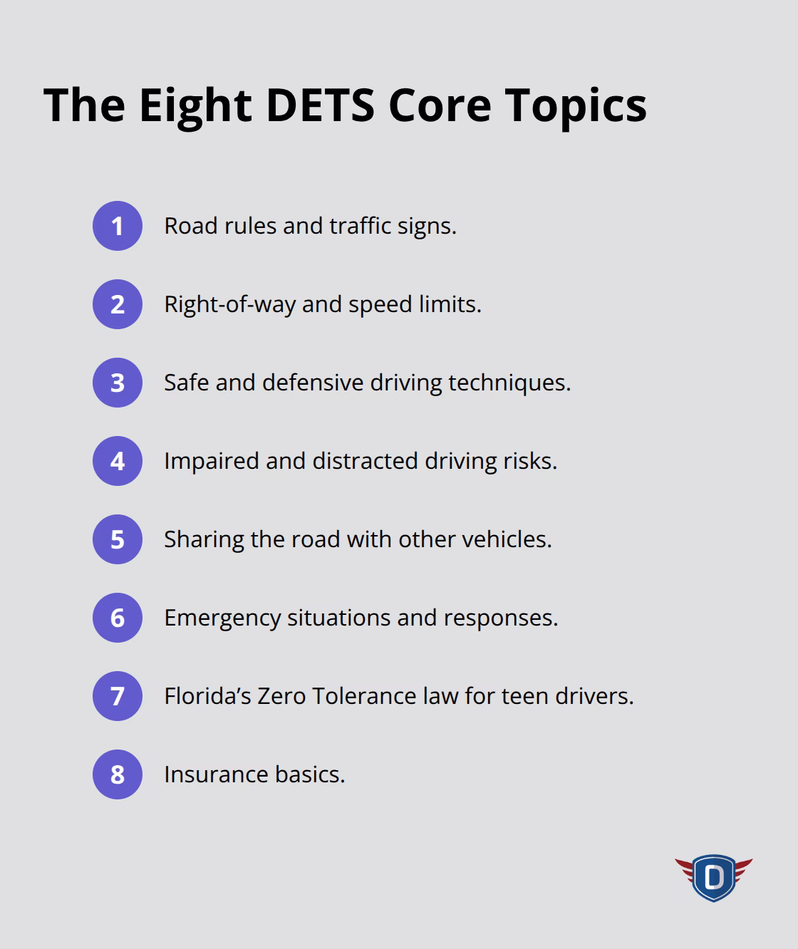 Compact list summarizing the eight core topics covered in Florida’s DETS course. - DETS course overview