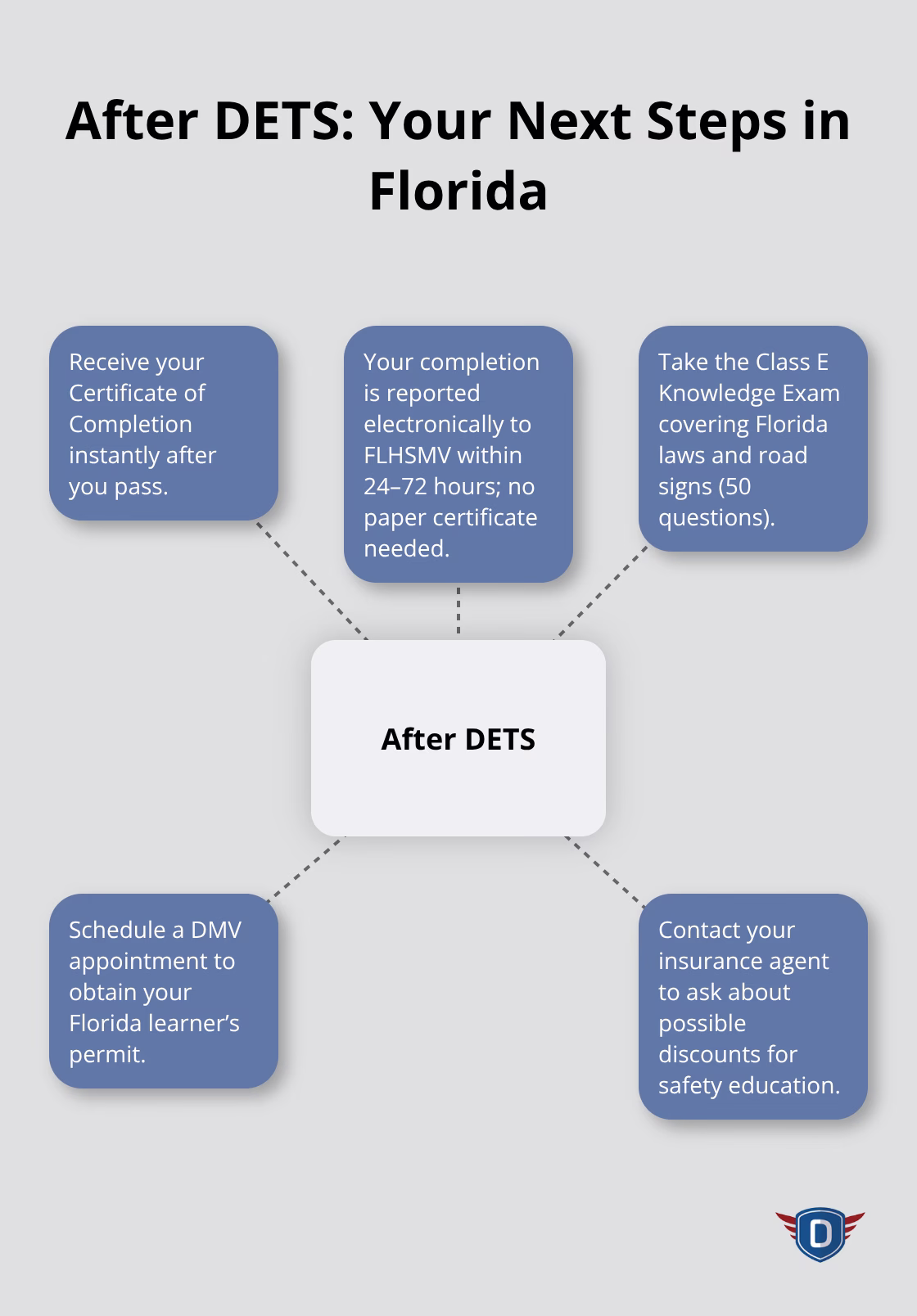 Hub-and-spoke diagram outlining what to do after completing the DETS course in Florida.