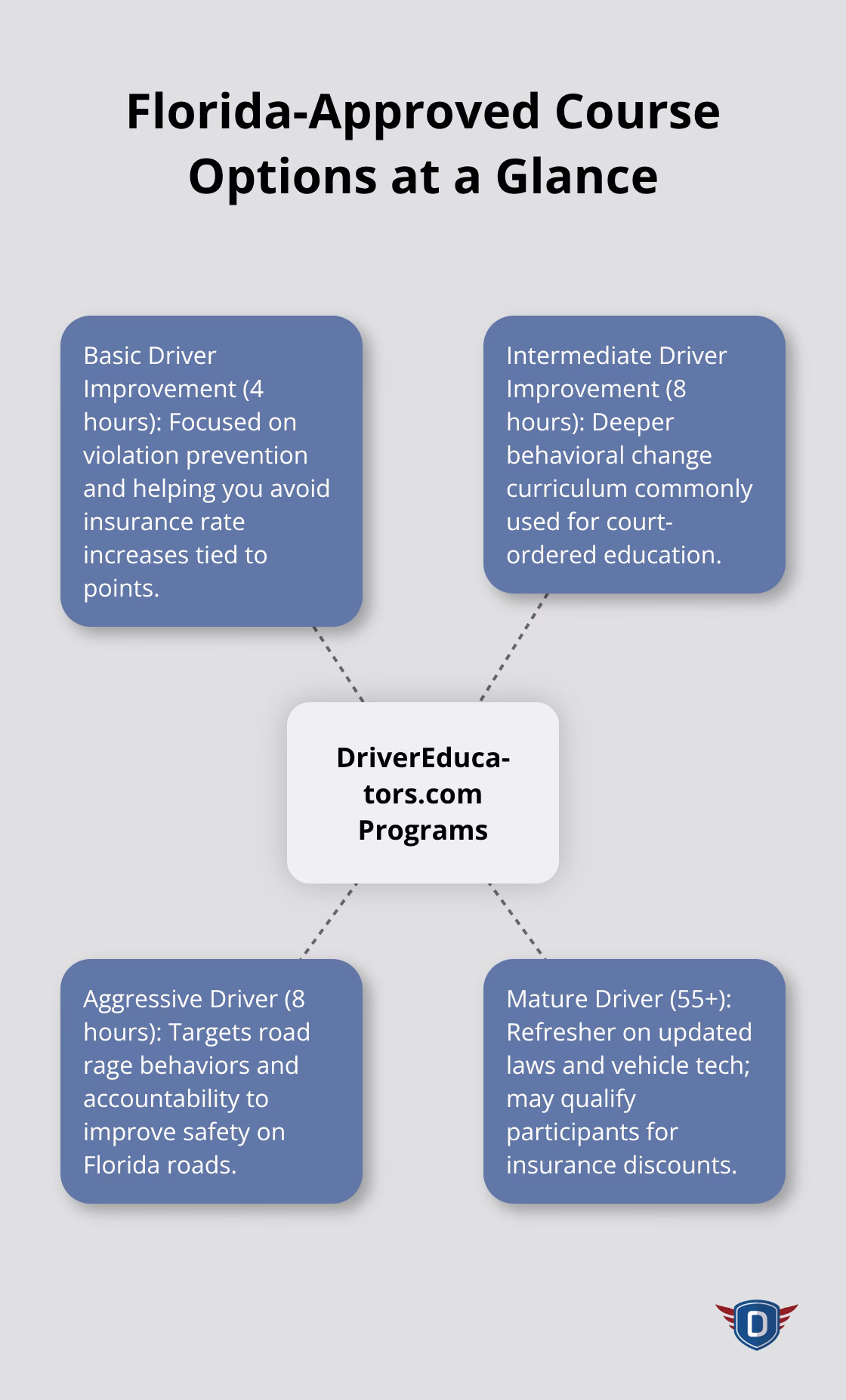 Hub-and-spoke showing DriverEducators.com programs: BDI, IDI, Aggressive Driver, and Mature Driver. - DETS driver education overview