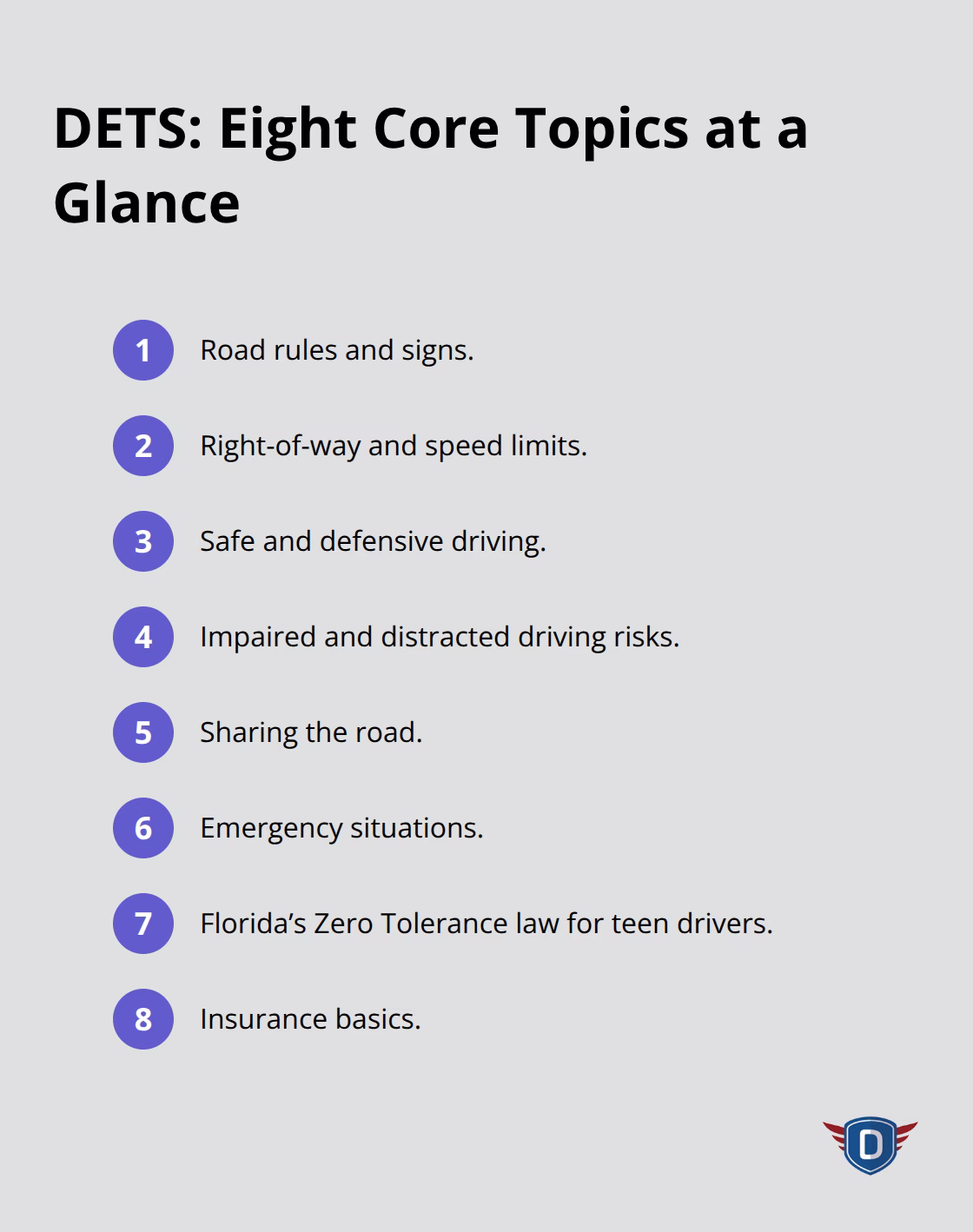 Eight key topics covered in the Florida DETS course for teen drivers. - DETS training overview