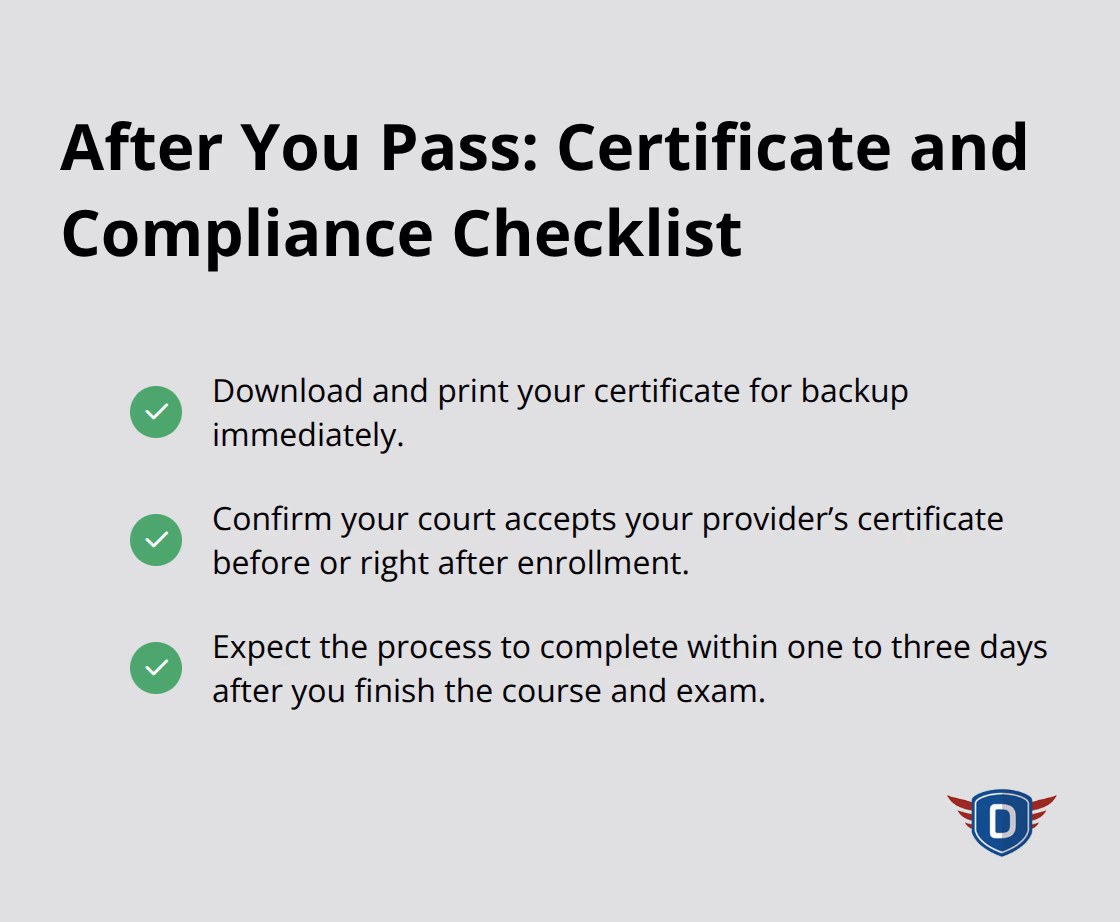 Checklist of steps to secure and use your completion certificate for court and insurance. - driver improvement course online