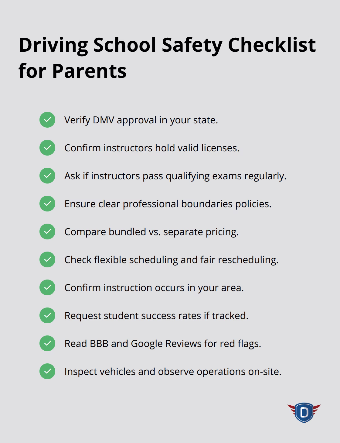 Checklist of key steps to verify a teen driving school improves safety.