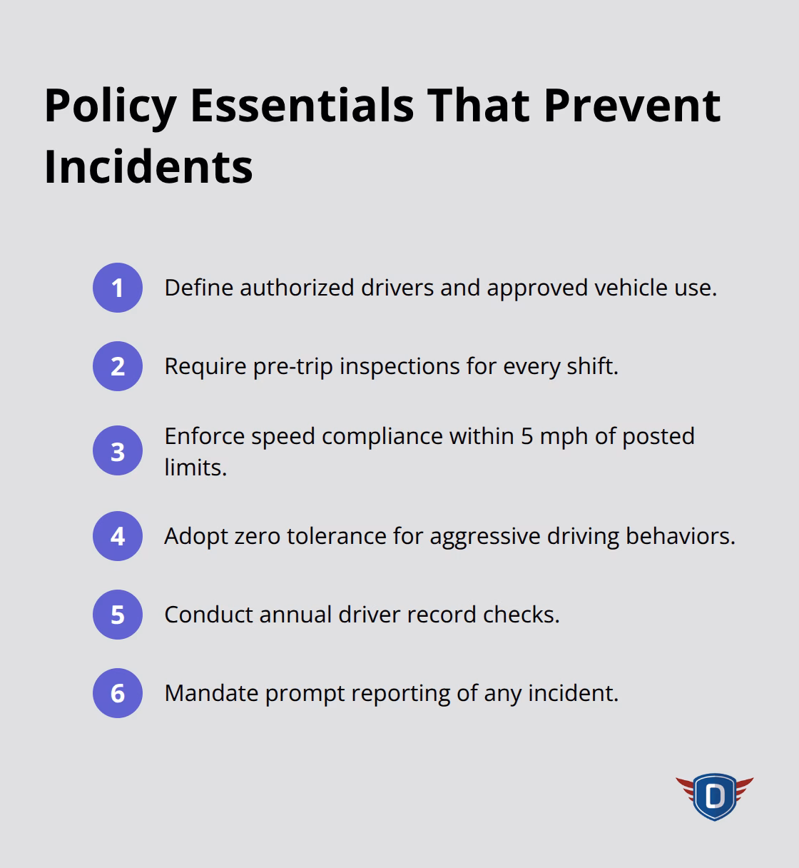 Compact list of core policy actions that reduce employee driving incidents.