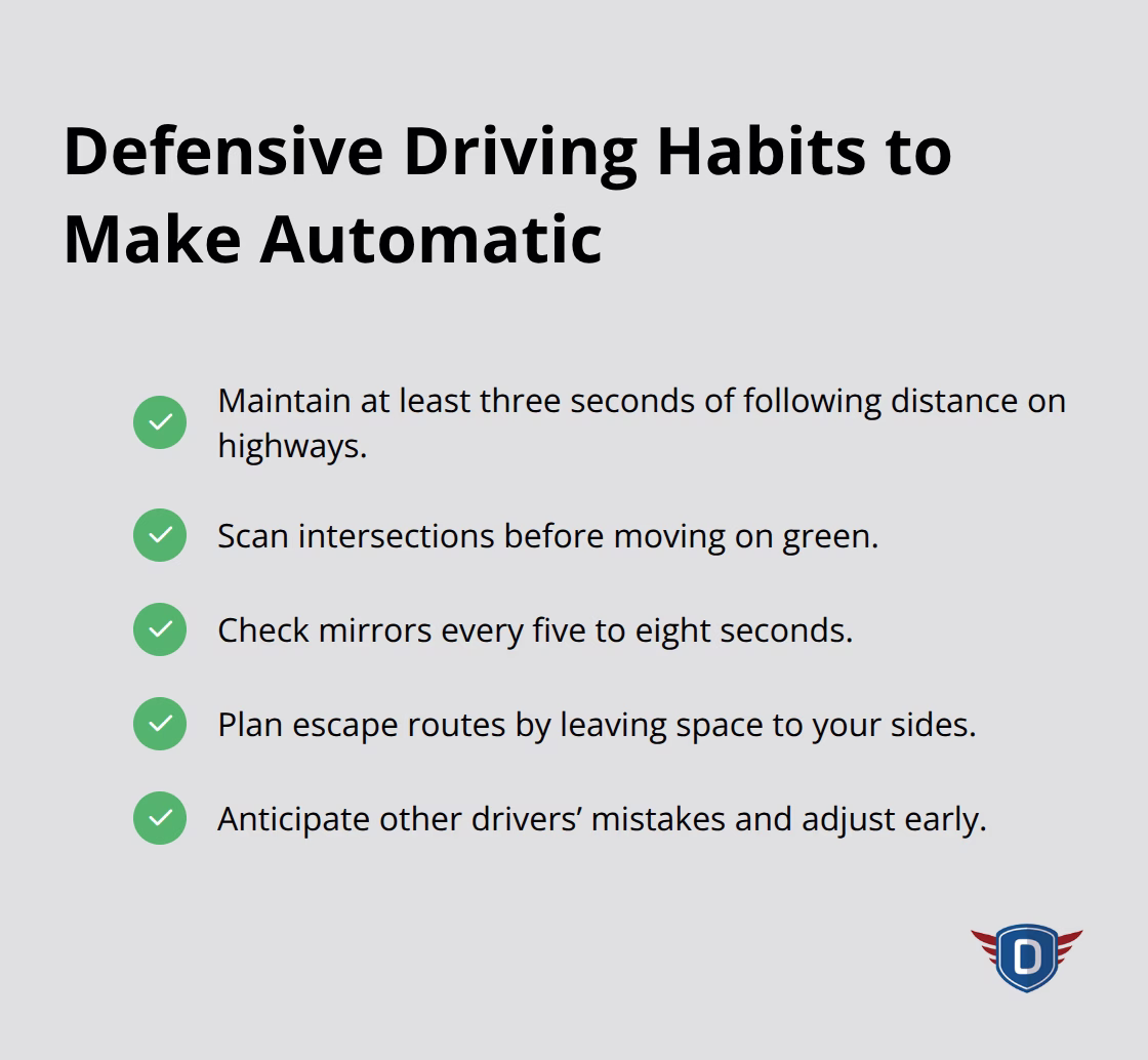 Checklist of defensive driving techniques that replace reactions with prepared responses.