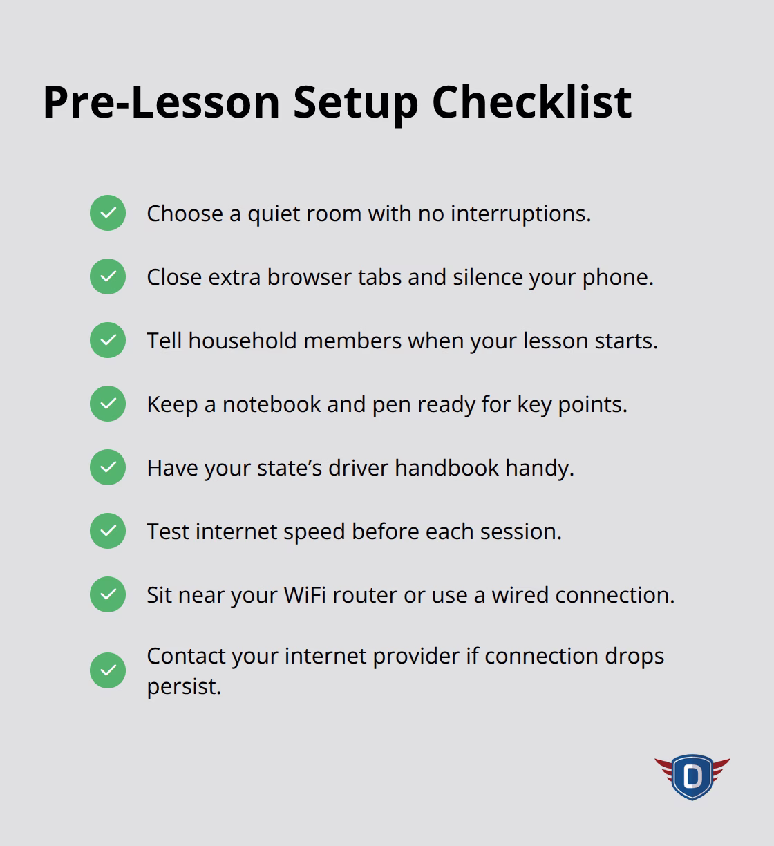 Checklist of environment, materials, and internet steps to prepare for online driving lessons - First driving lessons online