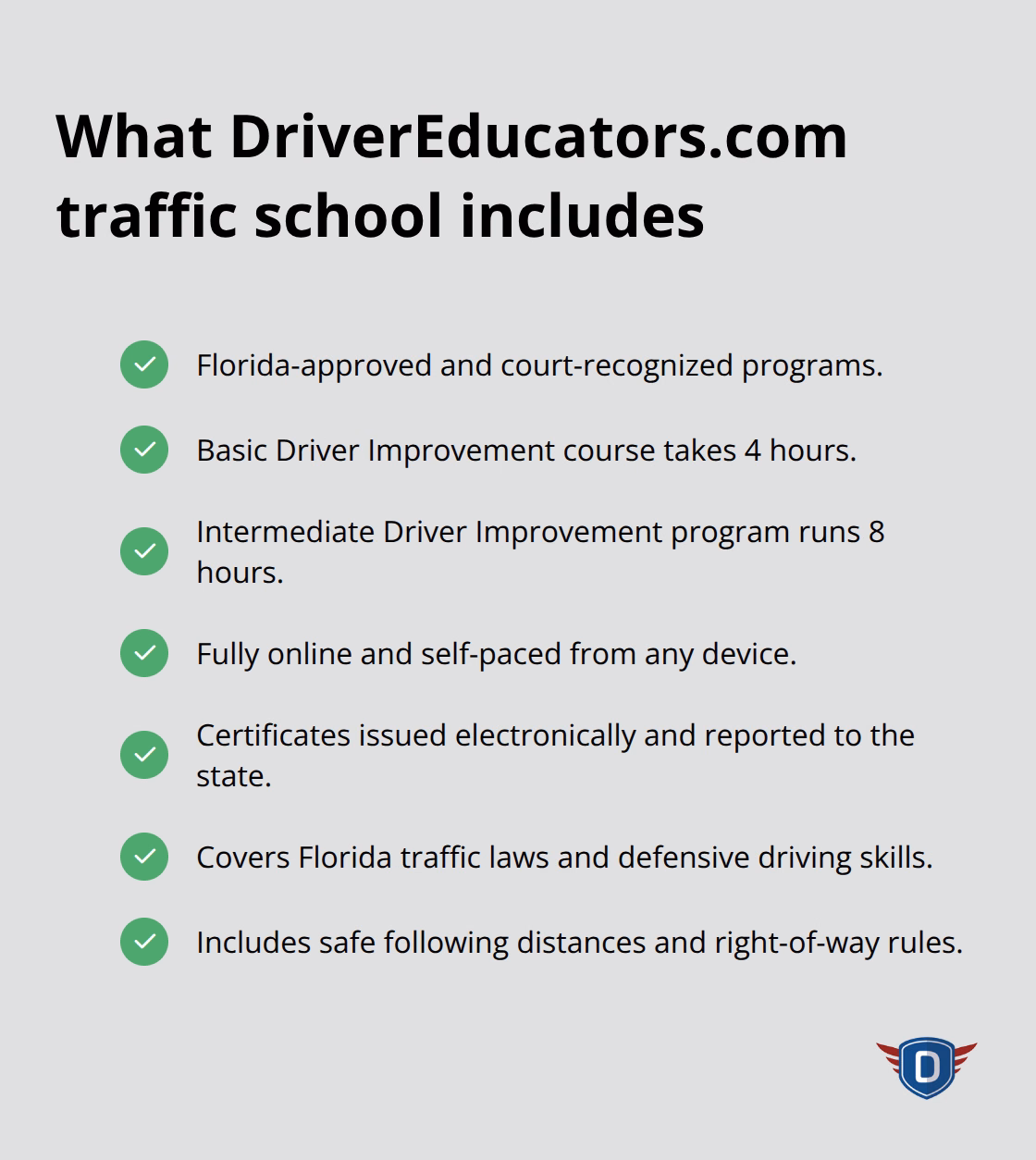 Key features of Florida-approved online traffic school programs from DriverEducators.com - handling traffic tickets Florida