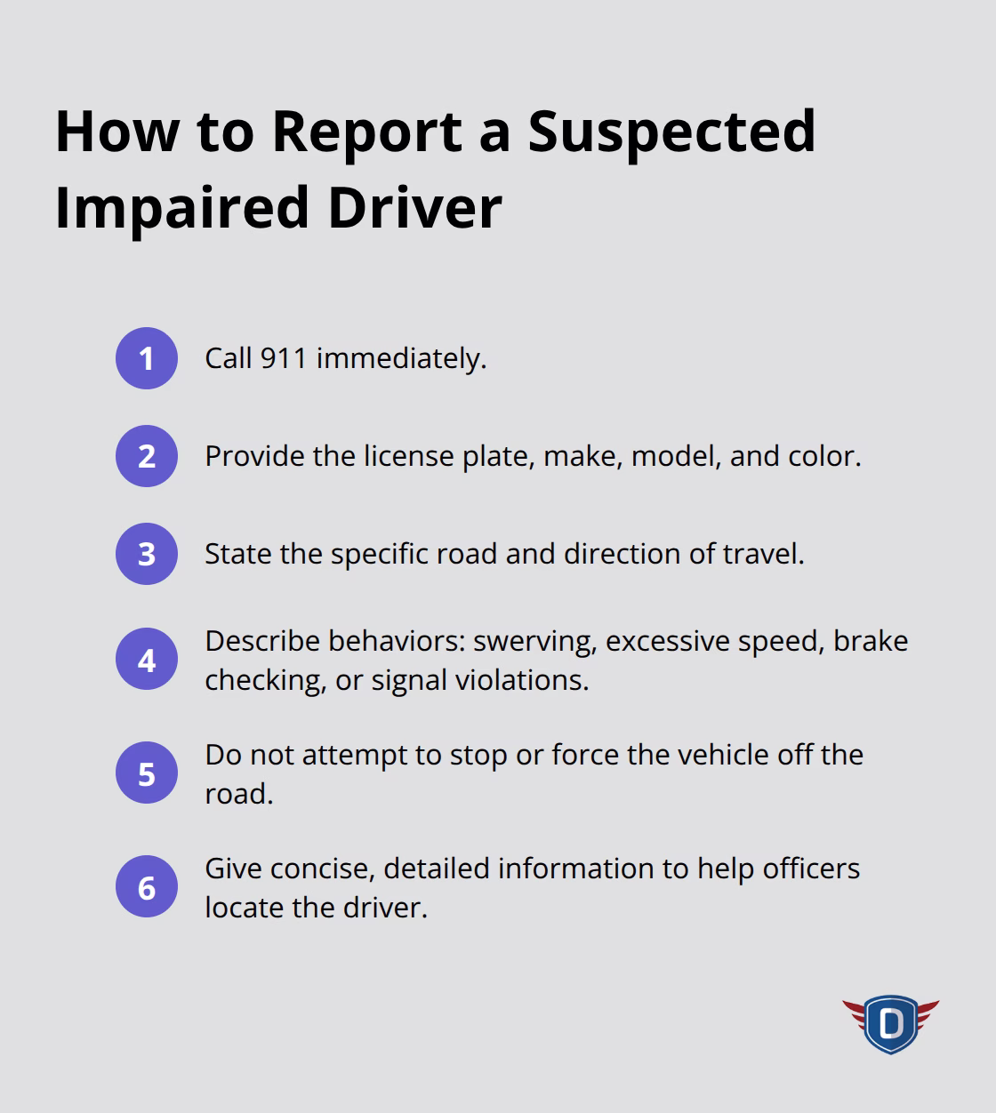 Compact checklist of steps to report suspected impaired drivers to 911 - impaired driving education