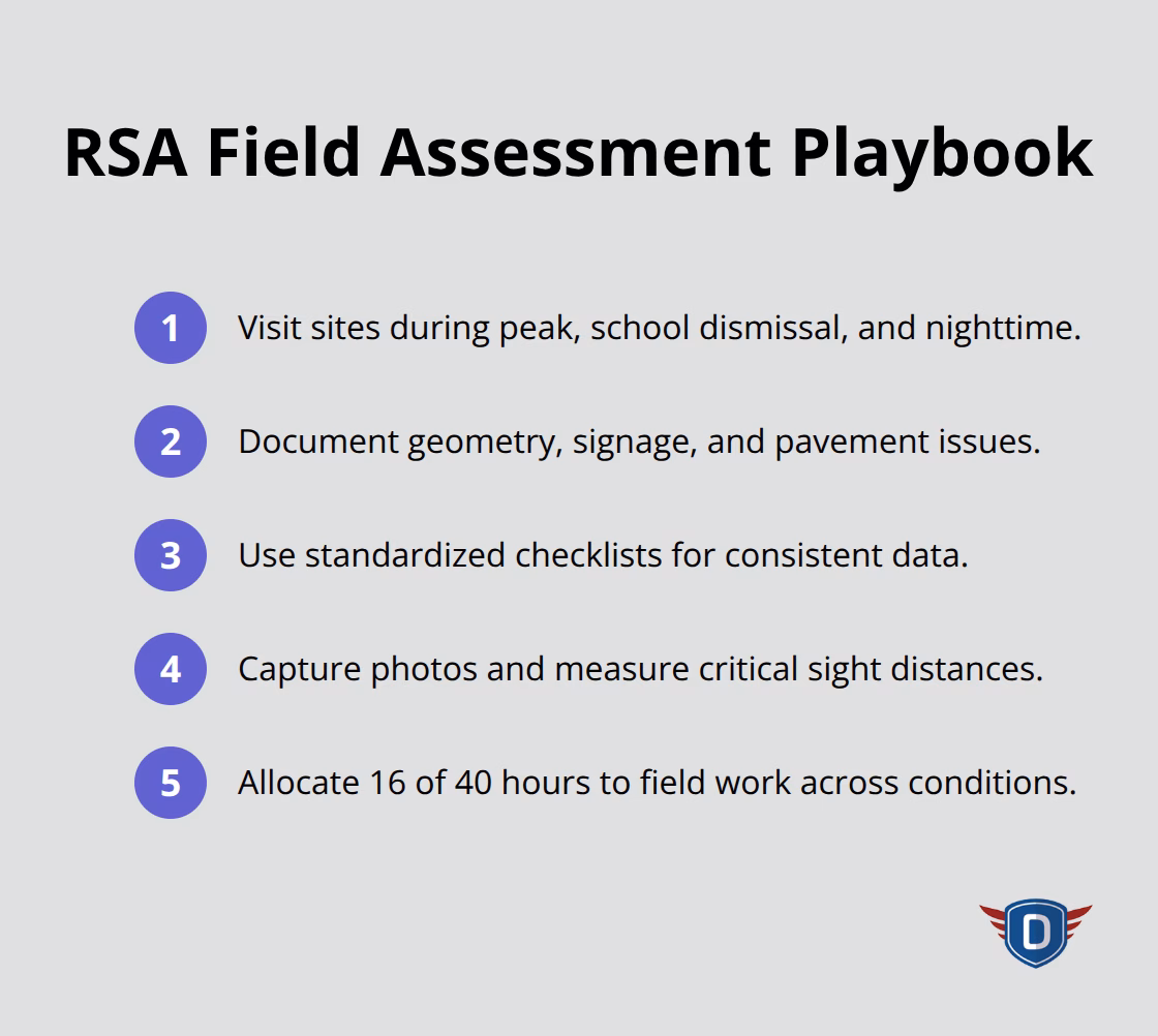 Compact list summarizing key RSA field assessment steps and time allocation.