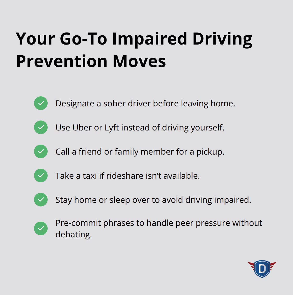 Checklist of practical steps to avoid impaired driving before and after a night out. - impaired driving prevention program