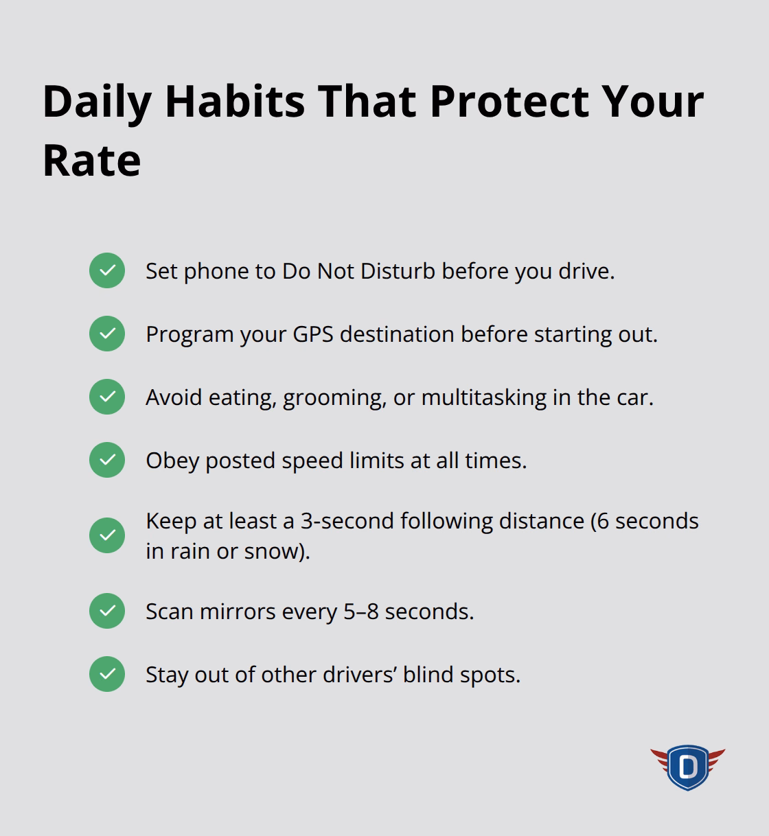 Checklist of daily safe‑driving habits that help keep auto insurance premiums low. - insurance savings through driving
