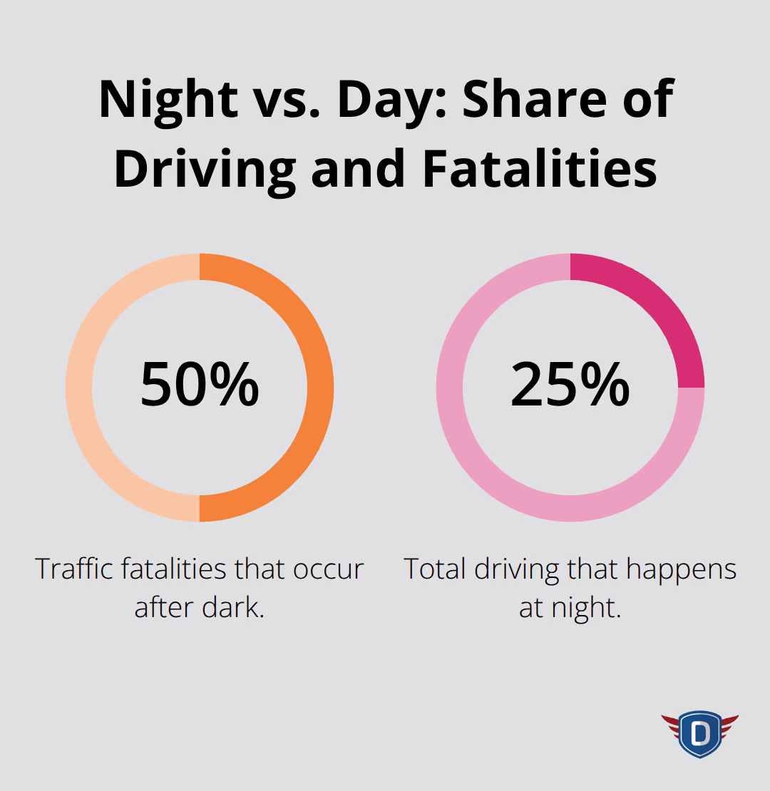 Comparison showing that about half of traffic fatalities occur at night while only a quarter of driving happens at night in the U.S. - Nighttime driving hazards