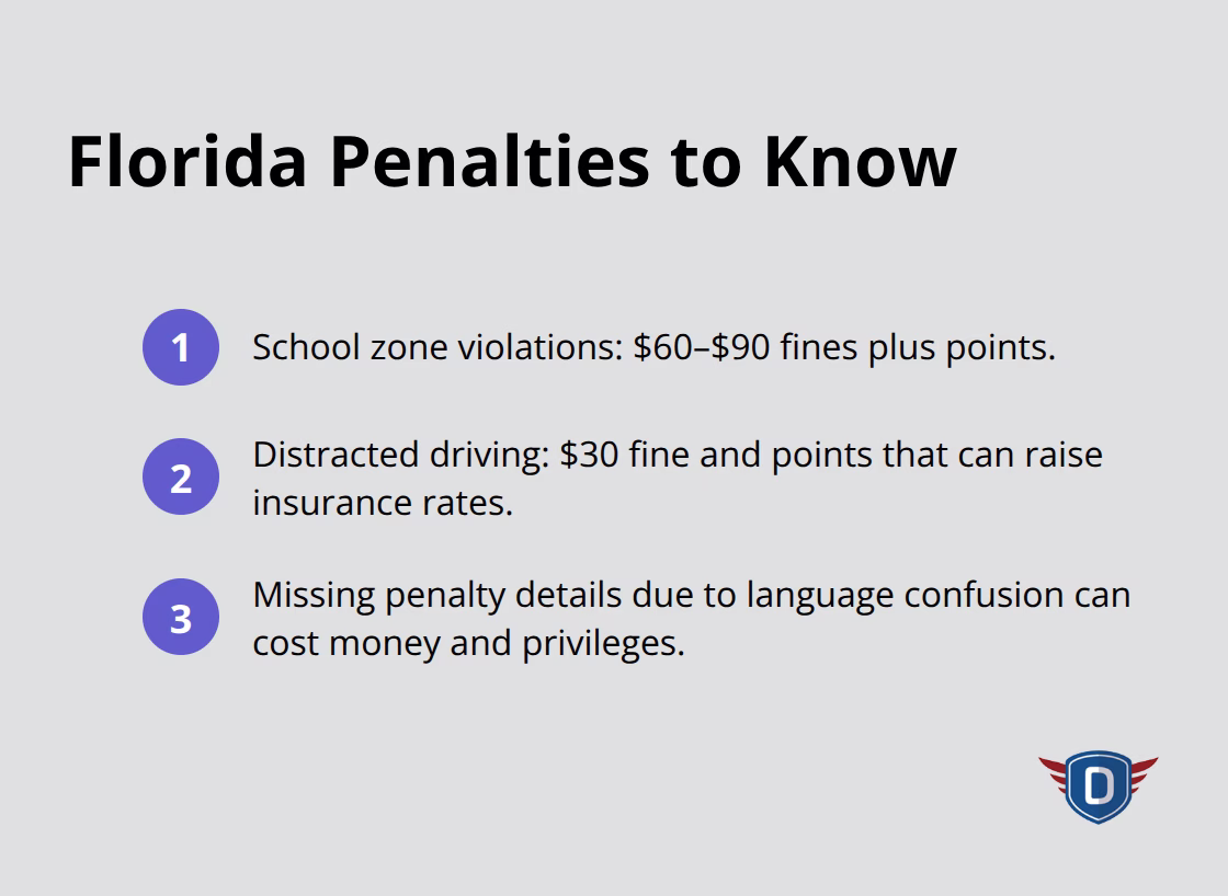 Compact list summarizing key Florida traffic penalties that affect Portuguese-speaking drivers. - Portuguese language traffic options