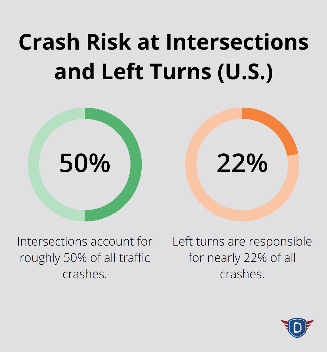 Percentages showing crash risk at intersections and from left turns in the United States. - right of way rules