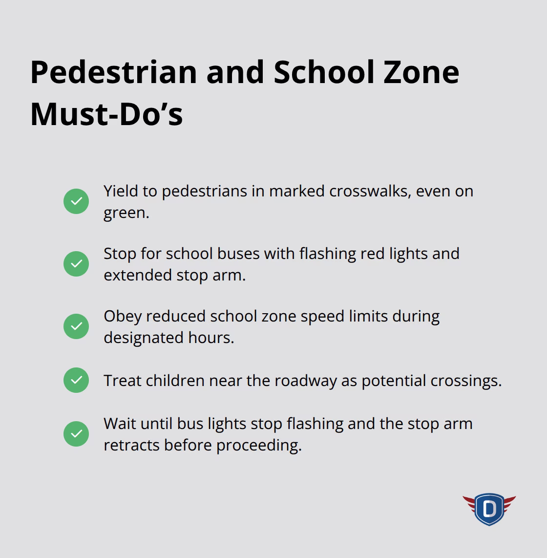 Checklist of must-follow pedestrian and school zone right-of-way rules for U.S. drivers.