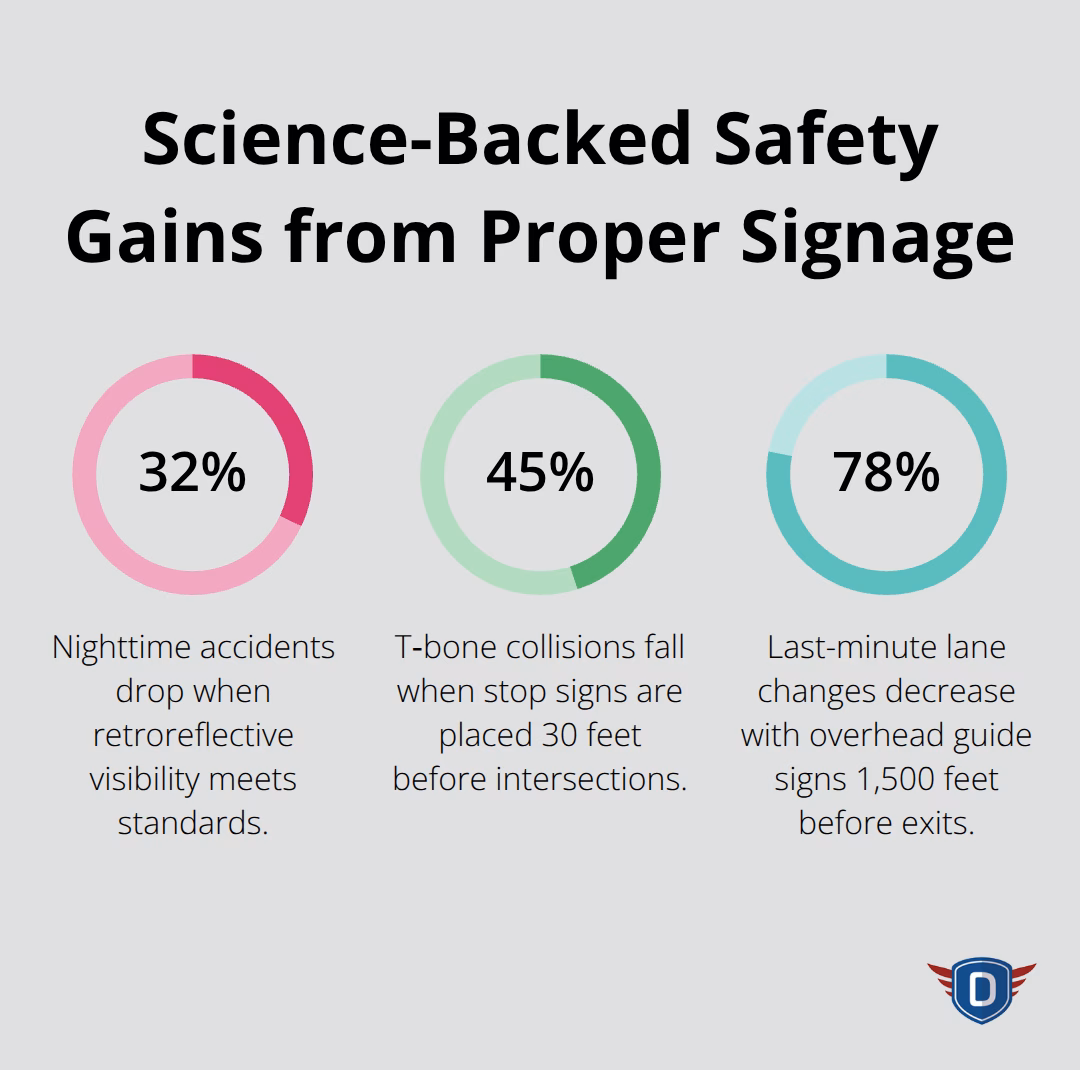 Percent reductions in crashes tied to visibility, placement, and overhead guide signs. - road safety signs