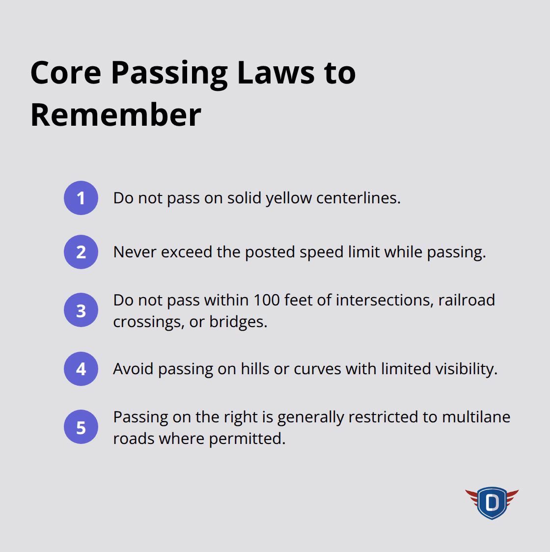 Key U.S. passing laws including no passing on solid yellow lines, no speeding while passing, and 100‑foot restrictions. - Safe passing techniquesKey U.S. passing laws including no passing on solid yellow lines, no speeding while passing, and 100‑foot restrictions. - Safe passing techniques