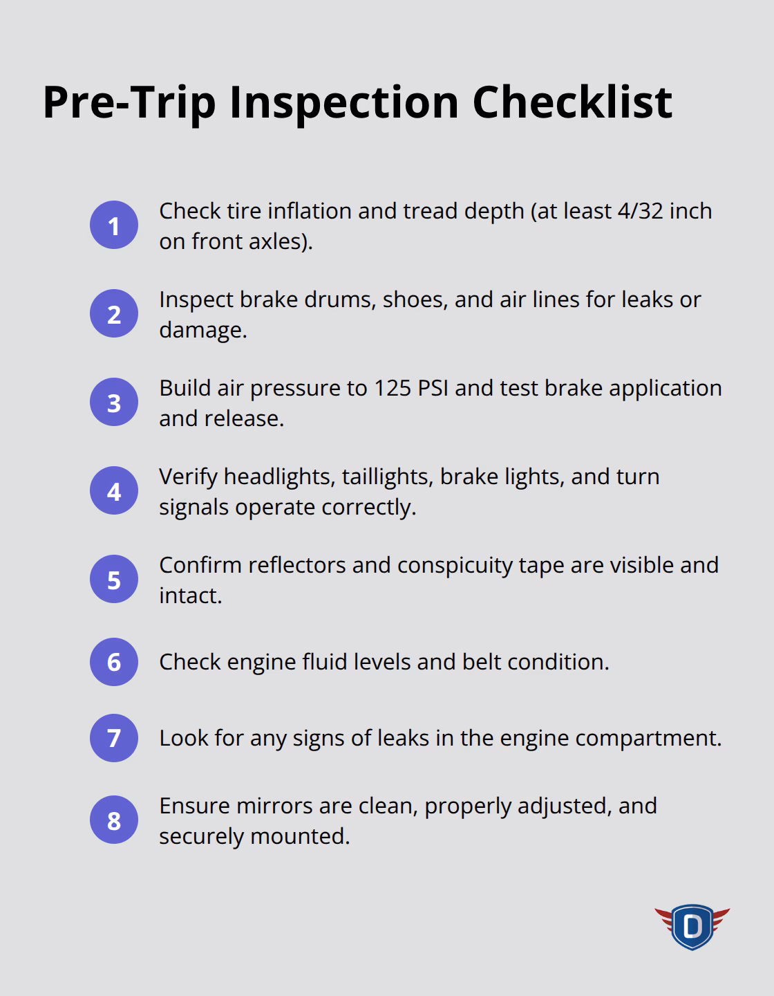 Compact checklist of essential pre-trip inspection steps for U.S. truck drivers