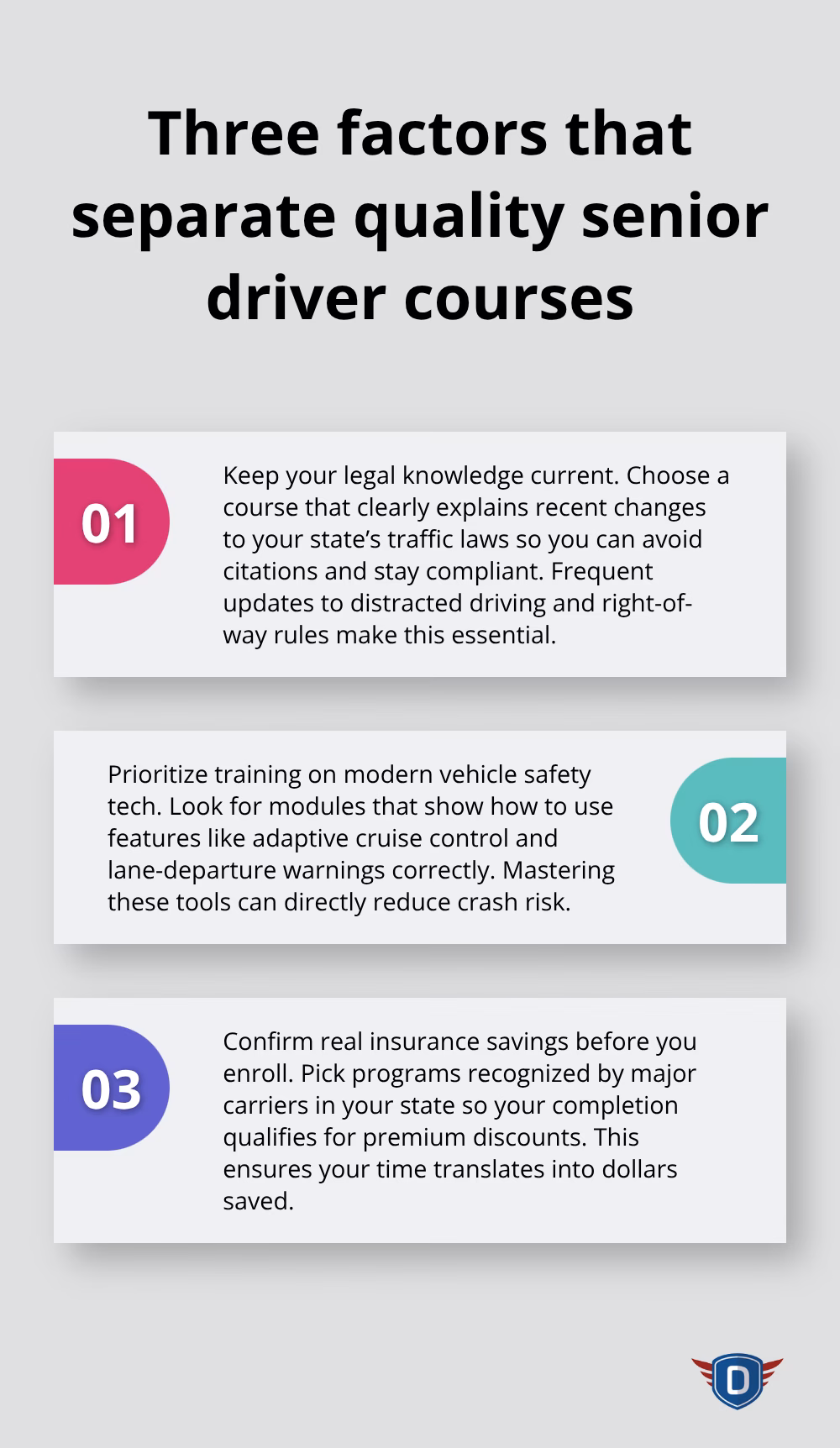 Three critical selection factors for choosing an online senior driver safety course