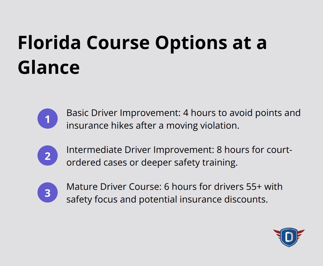 Durations and purposes of BDI, Intermediate, and Mature Driver courses in Florida.