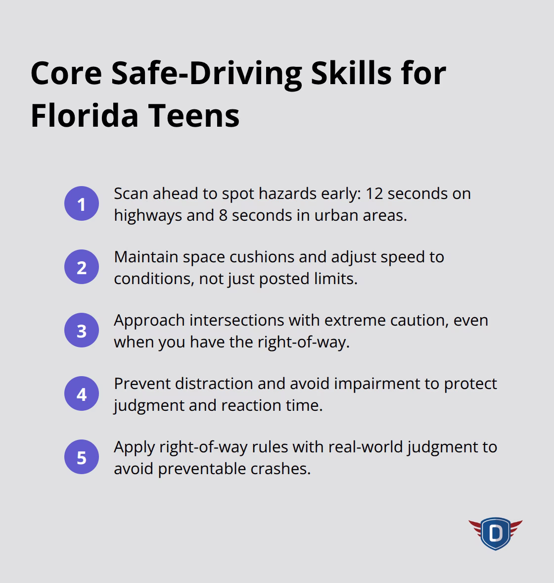 Compact list of essential safe-driving skills teens should master in Florida. - teen driver education Florida