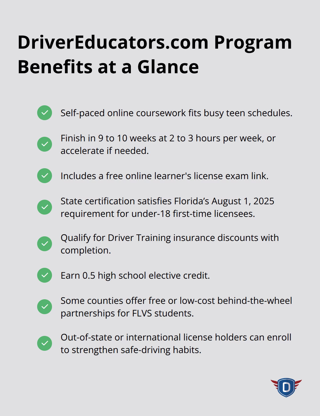 Checklist highlighting key benefits and logistics of the DriverEducators.com teen program in Florida. - teen driver education Florida