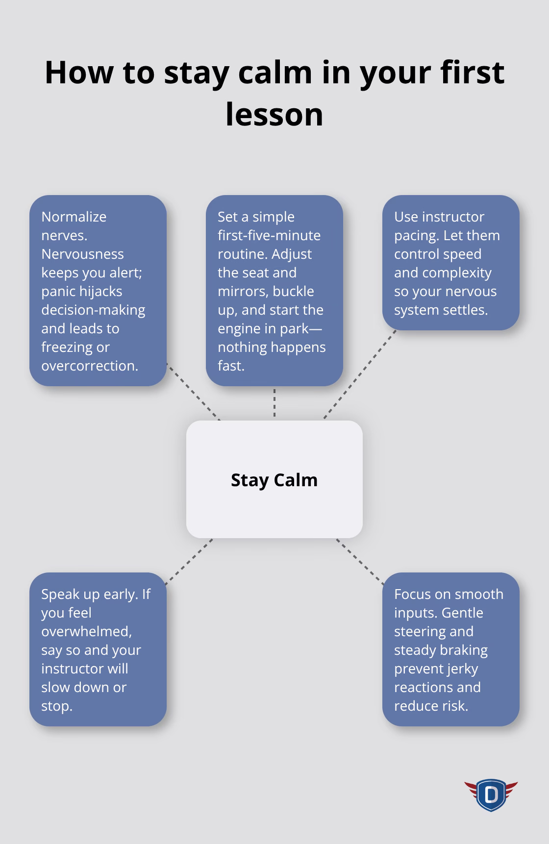 Hub-and-spoke visual showing strategies to stay calm and avoid panic during a first driving lesson in the United States. - Teen driver lesson prep