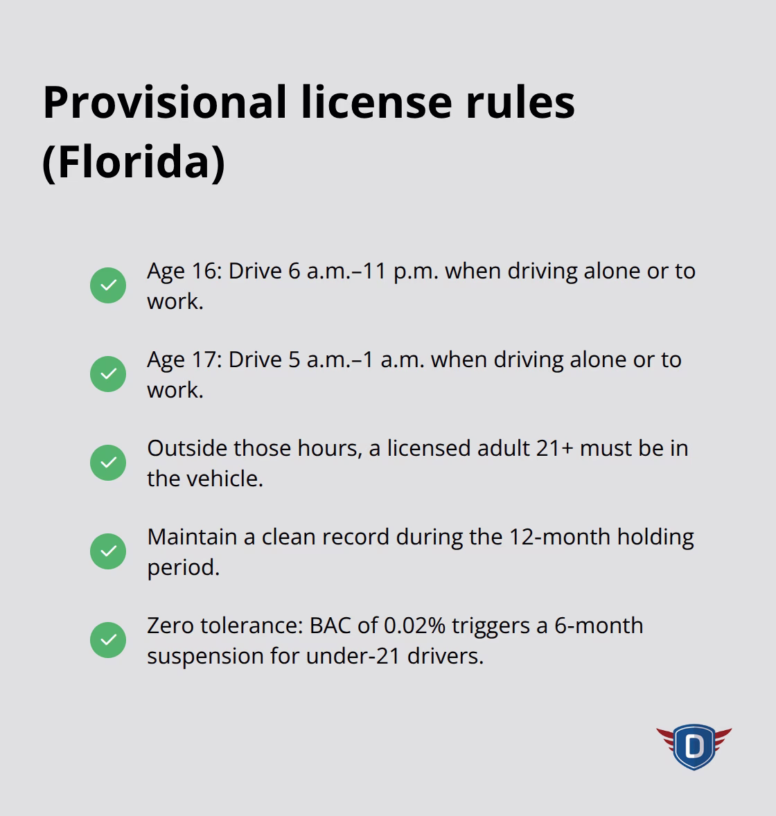 Checklist of key provisional license restrictions in Florida - teen driving lessons florida