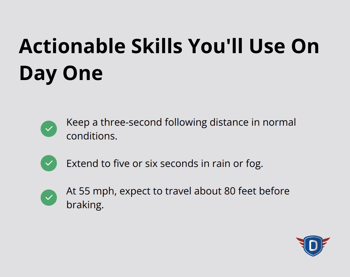 Concrete TLSAE skills: following distance, weather adjustments, and reaction distance at 55 mph - TLSAE course overview Florida