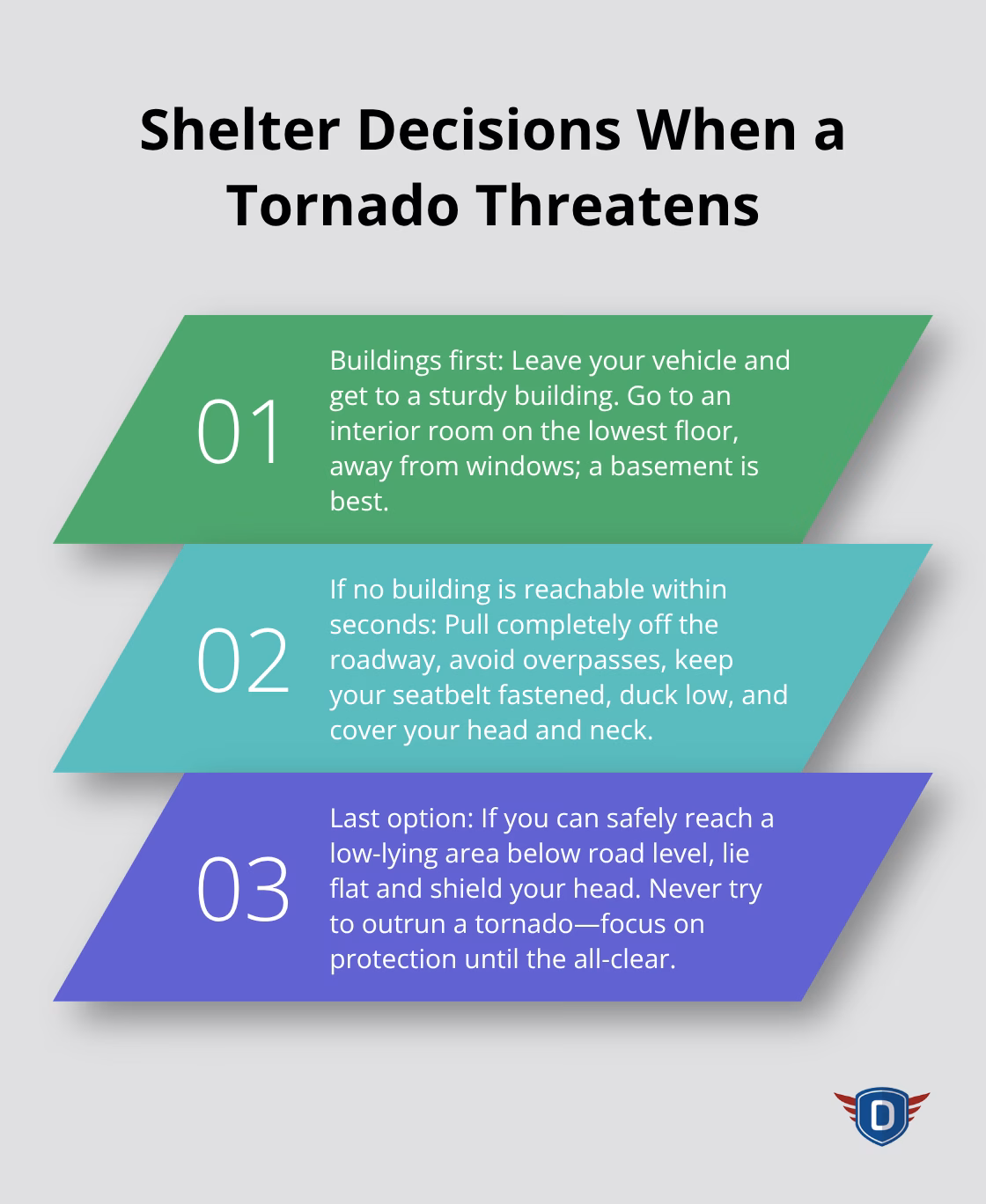 Three-step guidance for choosing the safest shelter option when driving during a tornado in the U.S. - tornado driving safety tips