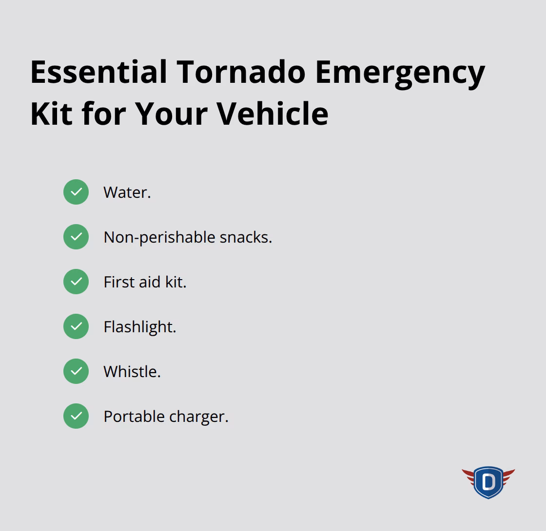 Checklist of emergency kit items to keep in your car during tornado season. - tornado safety tips while driving