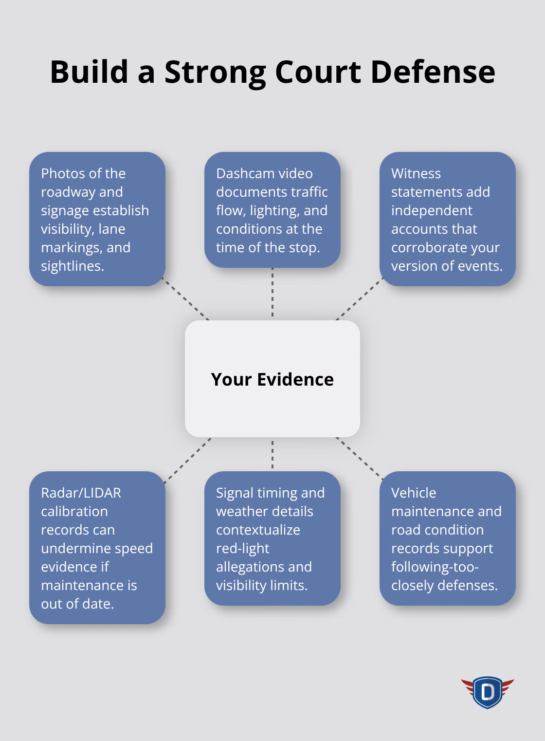 Hub-and-spoke showing key evidence types that strengthen a traffic ticket defense - Traffic citation steps