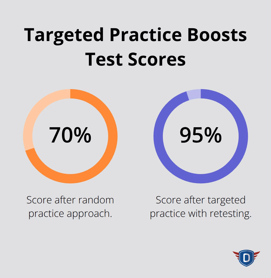 Side-by-side percentage comparison showing random vs targeted practice scores. - Traffic laws quiz practice