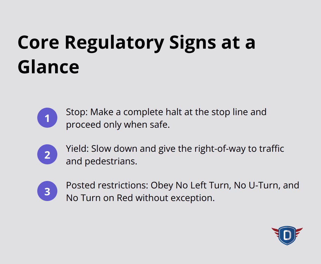 Quick-reference list of essential regulatory traffic signs and what drivers must do. - Traffic sign meanings