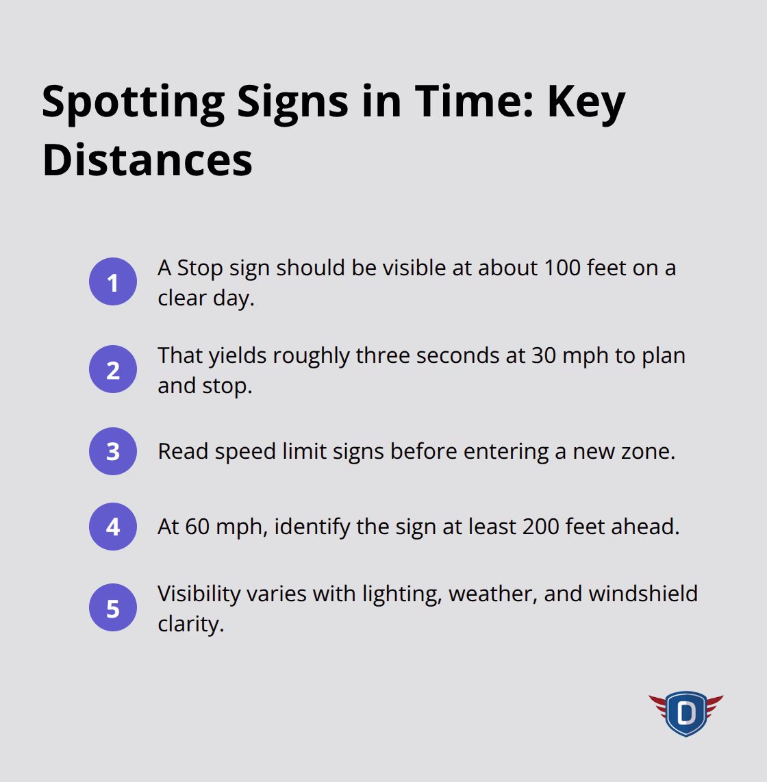 Compact list of visibility and reaction distance tips for U.S. roads - Traffic signs rules overview