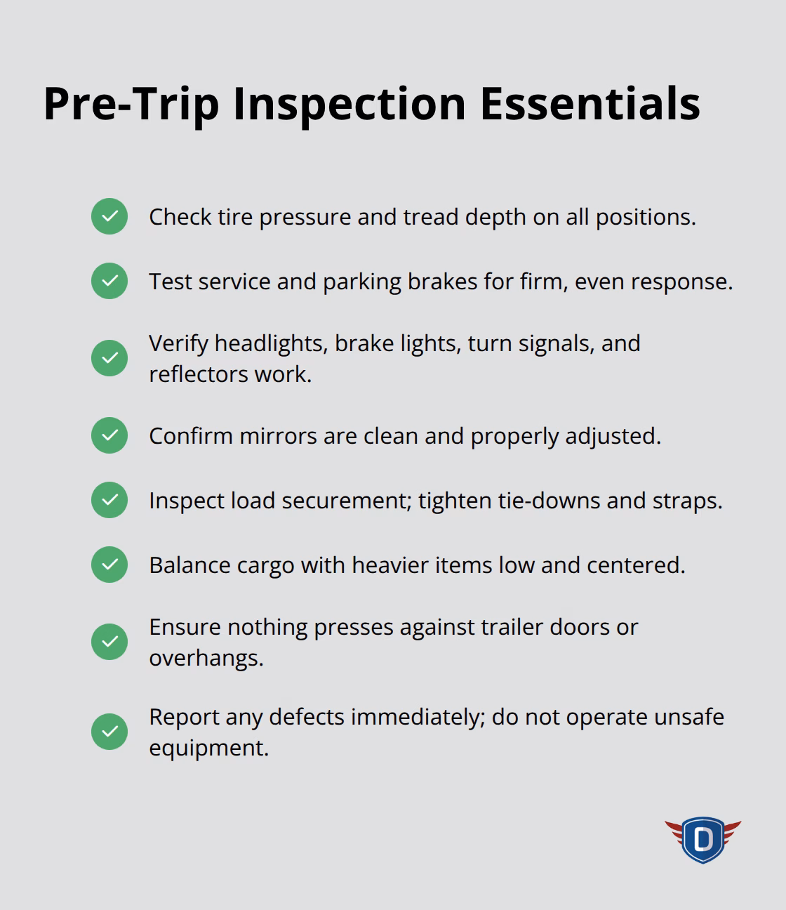 Checklist of critical pre-trip inspection steps for U.S. commercial truck drivers - truck driver safety