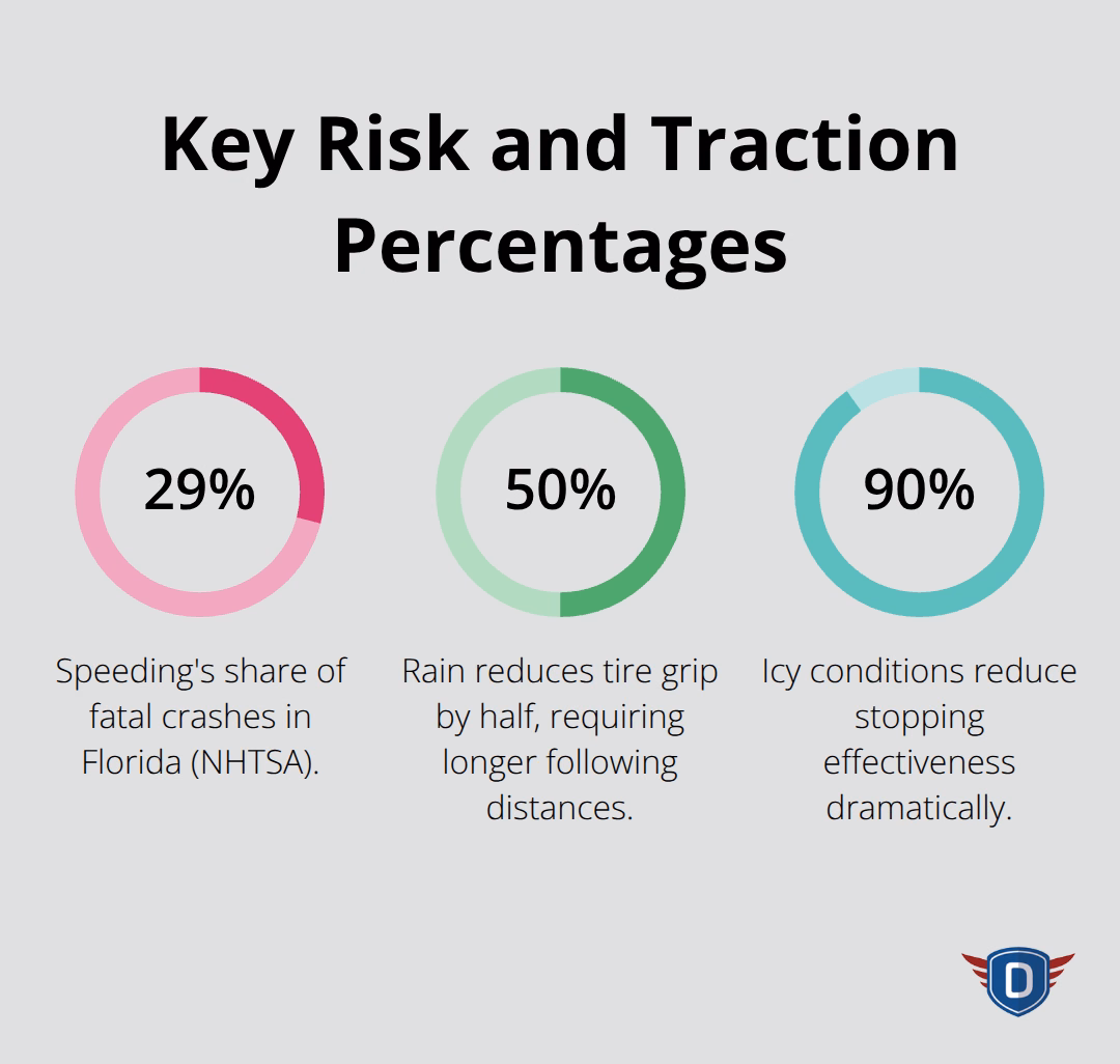 Percentages related to speeding fatalities and traction loss in bad weather