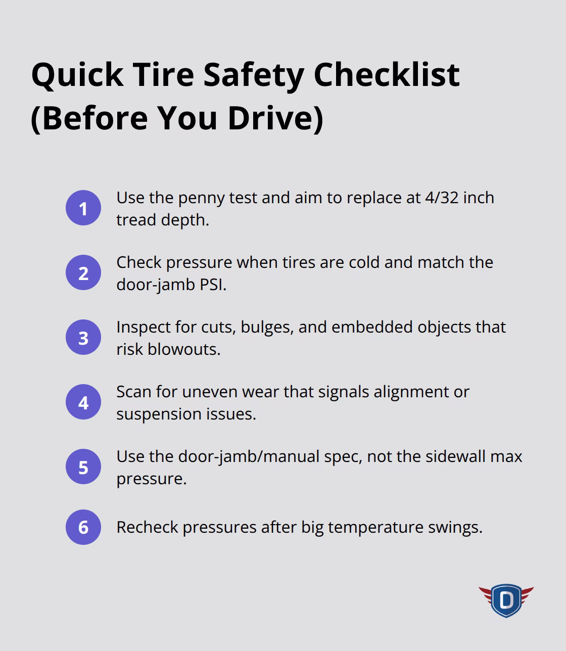 Compact checklist of essential tire safety steps before driving