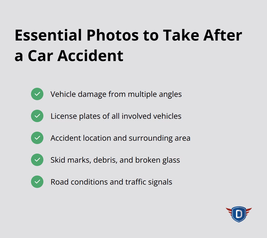 Checklist of important elements to photograph at an accident scene - what to do after a minor car accident