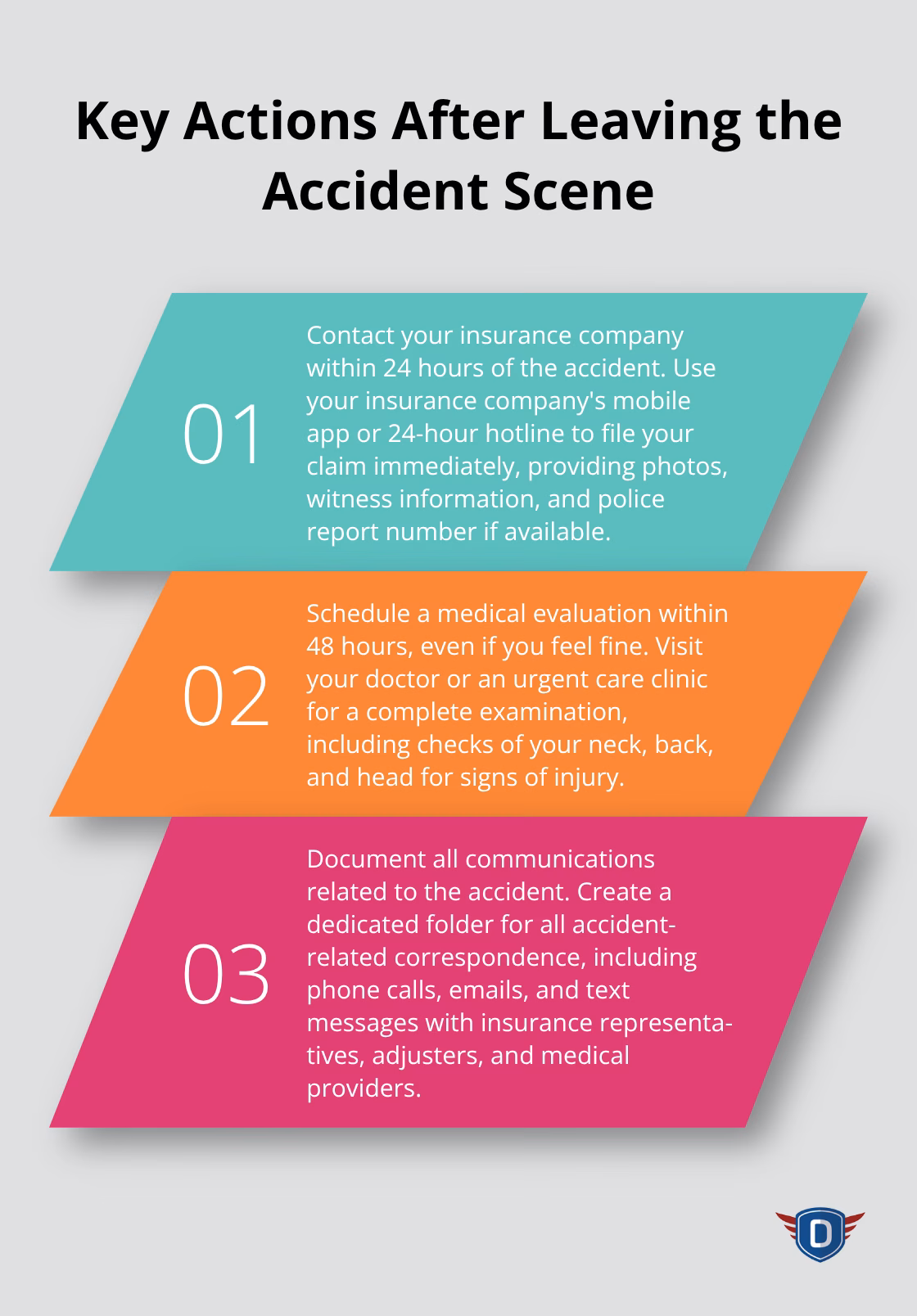 Ordered list of three important actions to take after a car accident